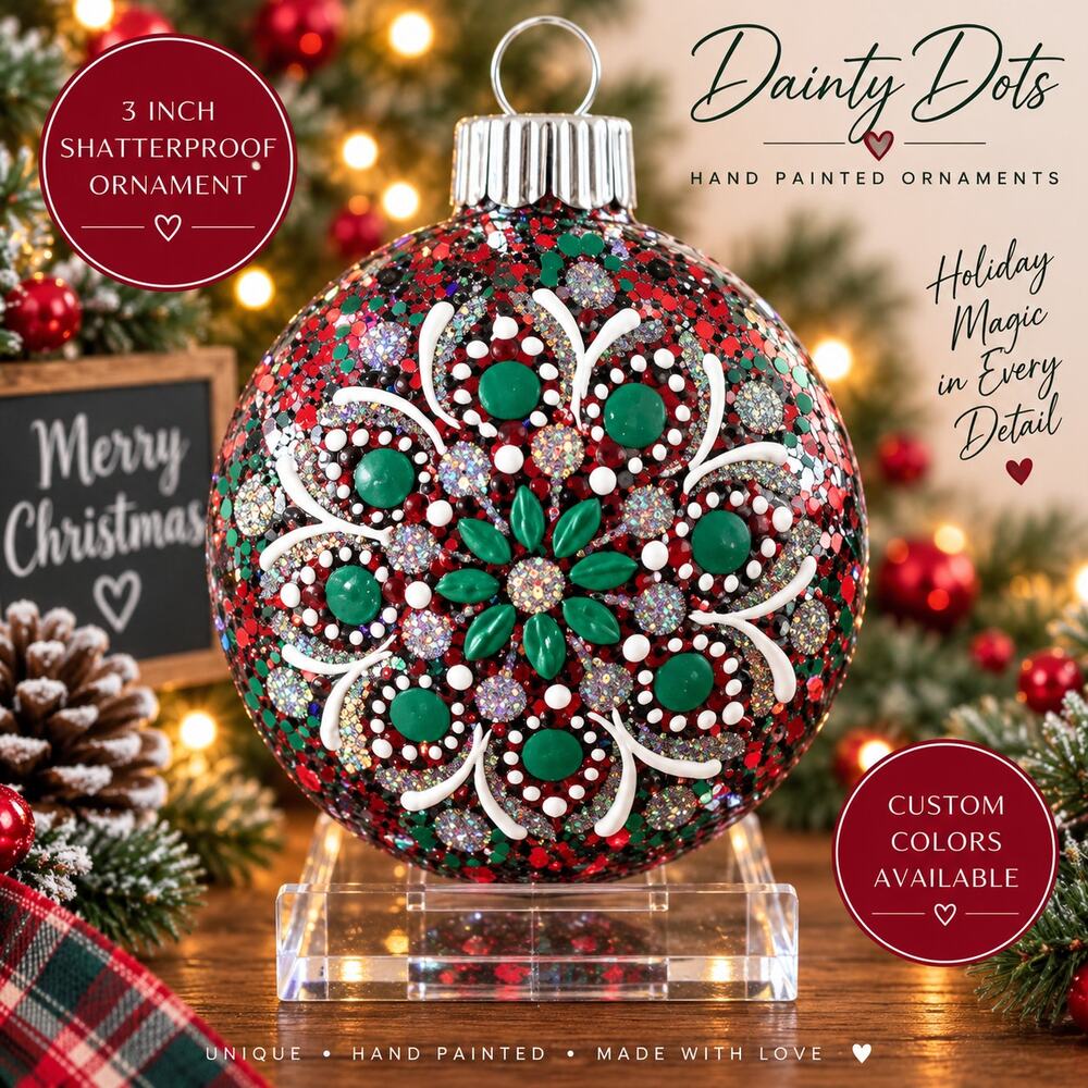 Hand Painted Christmas Mandala 3" Shatterproof Ornament Green Red White Glitter